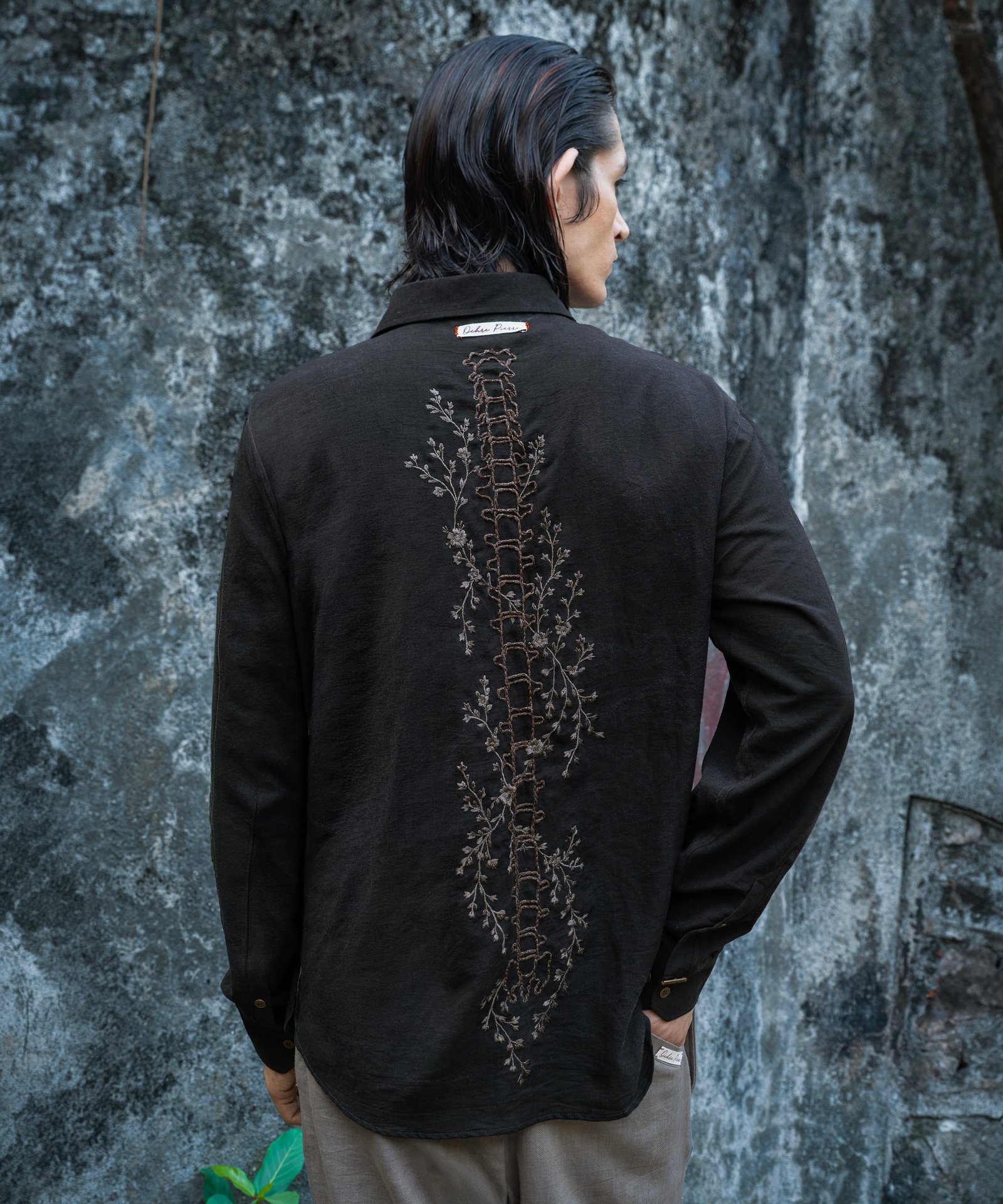 The Noir Bloom Linen Shirt Fabric Close-up Detail