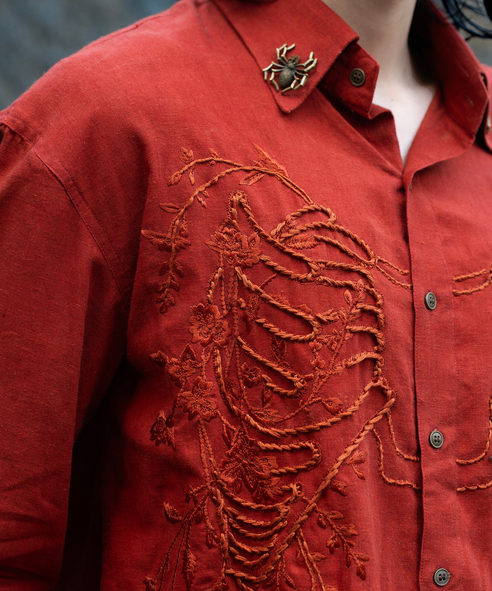 The Ochre Bloom Linen Shirt Fabric Close-up